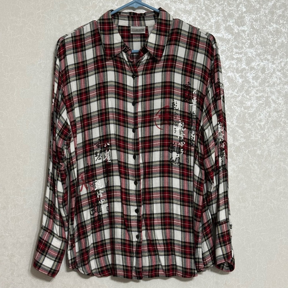 Chico's Scotch Plaid Button Up Shirt Long Sleeve Top Asian Calligraphy Sz 2 L - Picture 1 of 5